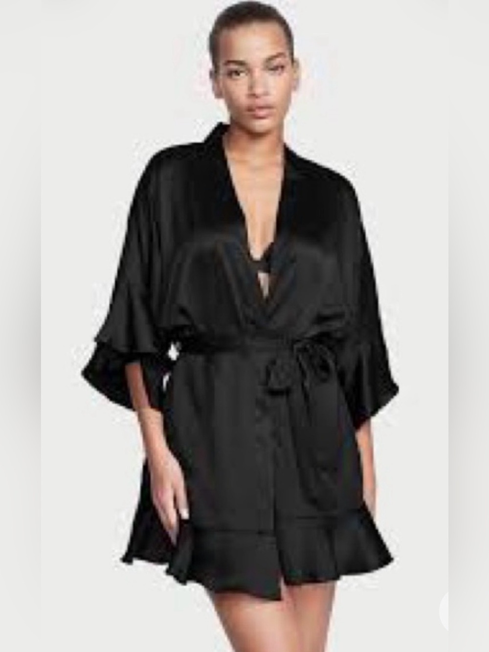 Victorias Secret black silky ruffle robe
